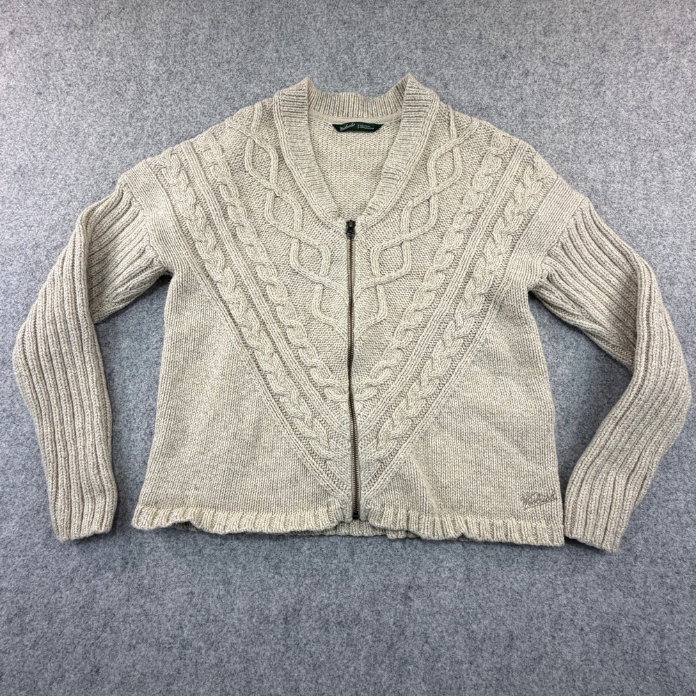 Woolrich Womens Natural Marl Cable Knit Full Zip Cardigan Sweater Merino Blend M